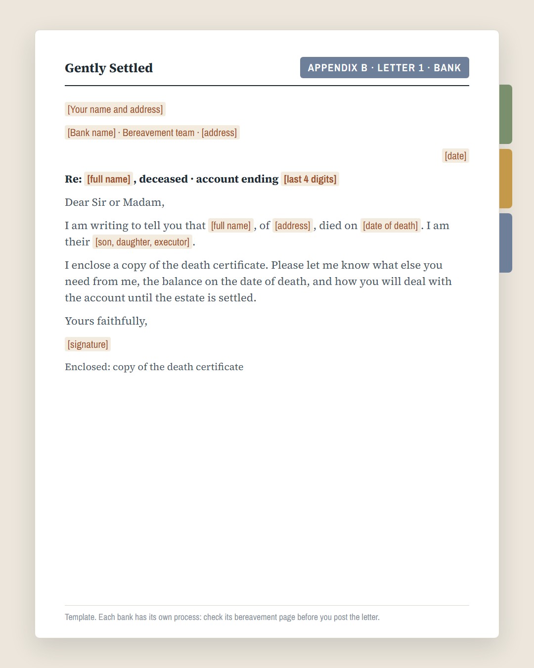 Template letter to a bank